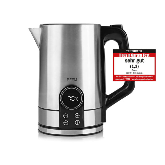 BEEM TEA-SWITCH Kettle - 1.7L capacity, temperature settings 40-100°C, quick boil, and keep warm functions.