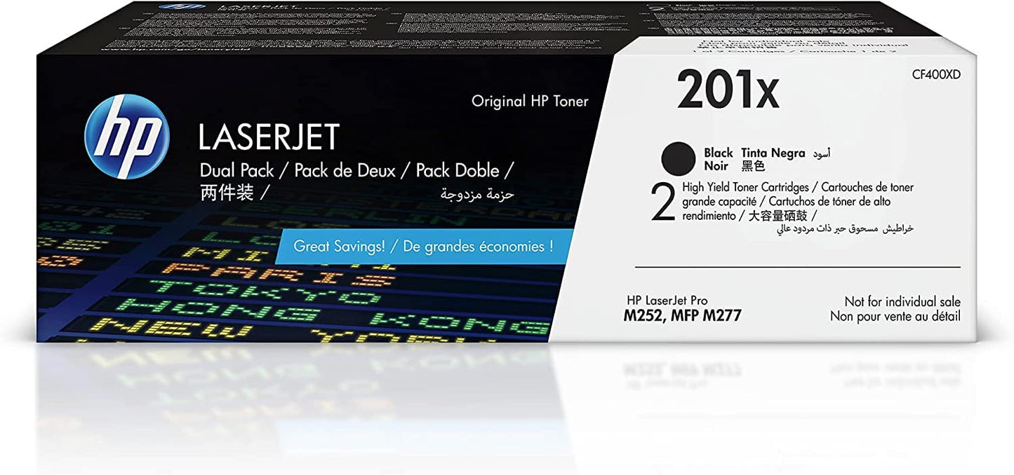 HP CF400XD 201X Black LaserJet Toner Cartridges - High capacity, original, pack of 2 for reliable printing.