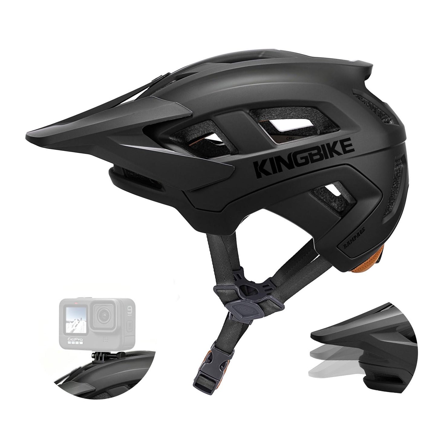 MTB ķivere KINGBIKE profesionāla E‑MTB NTA-8776, velosipēda drošības ķivere ar 3 pakāpēs regulējamu vizieri un kameras stiprinājumu, pieaugušajiem, matēti melna, M