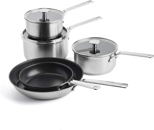 KitchenAid 3-layer stainless steel non-stick cookware set - 5 pieces, induction safe, cool handle, oven safe, silver