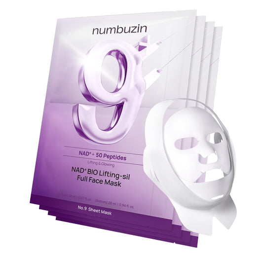 numbuzin No.9 auduma maska ar NAD+ un kolagēnu, nostiprinoša sejas maska pret grumbām un smalkām līnijām, stingrākai, gludākai ādai un izteiktākām sejas kontūrām, 4 maskas + lenta