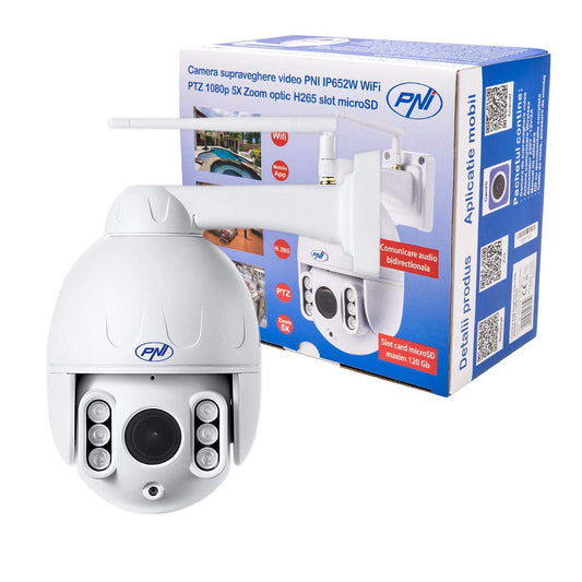 Video uzraudzības kamera PNI IP652W WiFi PTZ 1080p 2MP 5X optiskais tālummaiņa H265 microSD slots nakts redzamība 50m IP66 kustības atpazīšanas trauksme divvirzienu audio komunikācija