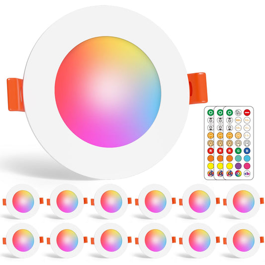 LED iebūvējamie prožektori ChangM RGBW ar pulti 7W, 230V griestu spoti IP44, plakani 2700K-6000K, dimmējami ar krāsu maiņu vannasistabai un virtuvei, 3inch 68mm-85mm, 12 gab.