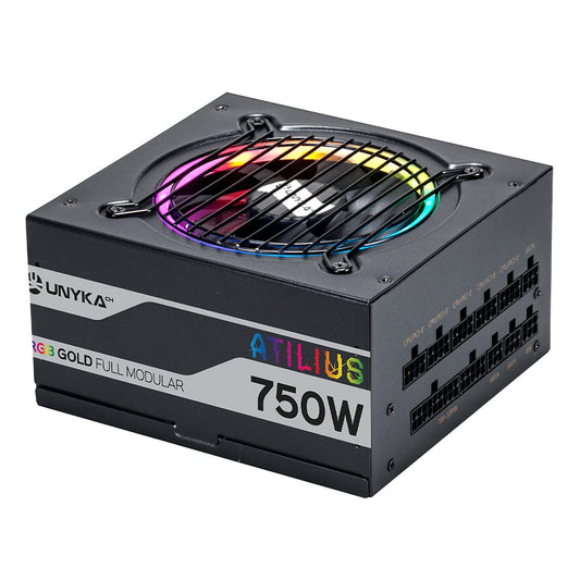 UNYKAch ATX ATLIUS 750W - pilnībā modulārs, RGB apgaismojums, 90% efektivitāte, 120 mm kluss ventilators, pārsprieguma aizsardzība