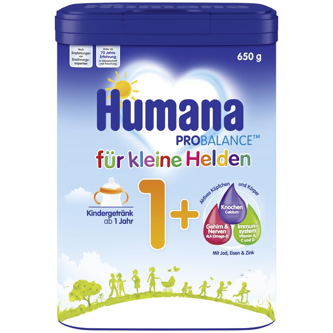 Humana bērnu dzēriens 1+, no 1 gada vecuma, piena pulveris bērnu pienam, barojošs piens mazuļiem, kā ik pa laikam lietojams piena dzēriens vai pie maltītes, 650 g
