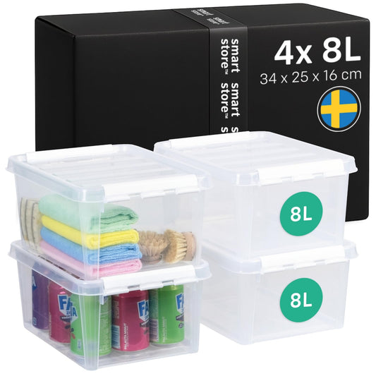 Uzglabāšanas kastes ar vāku SmartStore Classic, 4 gab., 8L (34x25x16cm) | Saliekamas plastmasas kastes | Pārtikai drošs materiāls | Pastiprināti stūri | 10 gadu garantija