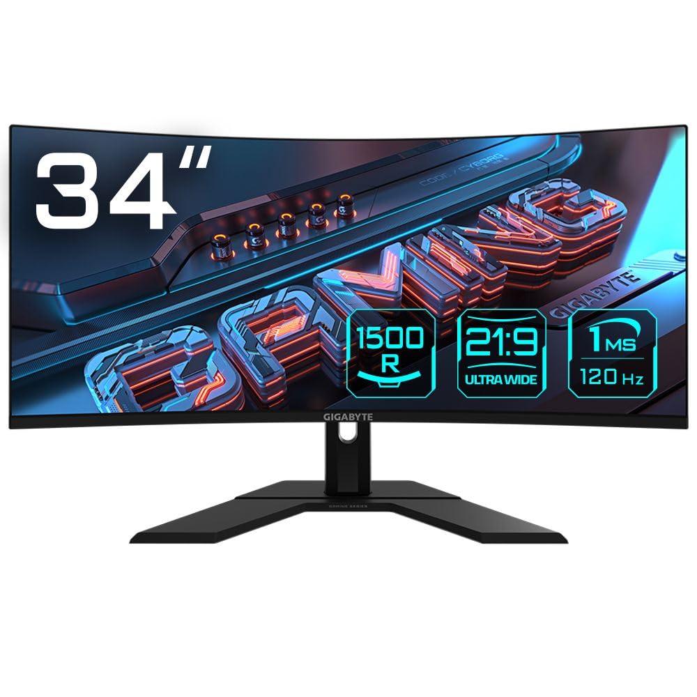 GIGABYTE GS34WQC EU - 34" curved gaming monitor, 144Hz refresh rate, 1ms response time, HDR support, ultra-wide QHD resolution.