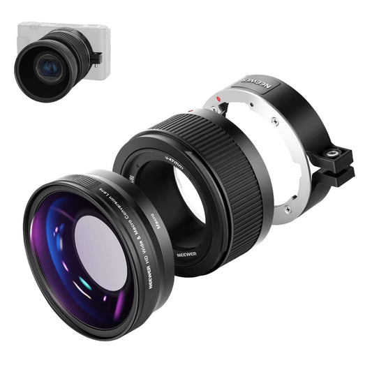 NEEWER plaša leņķa objektīvs saderīgs ar Sony ZV1 kameru, 2 in 1 18mm HD plaša leņķa un 10 reizes makro papildus objektīvs ar pagarinājuma cauruli, bajoneta objektīva adapteris, tīrīšanas drāna (melns rāmis)