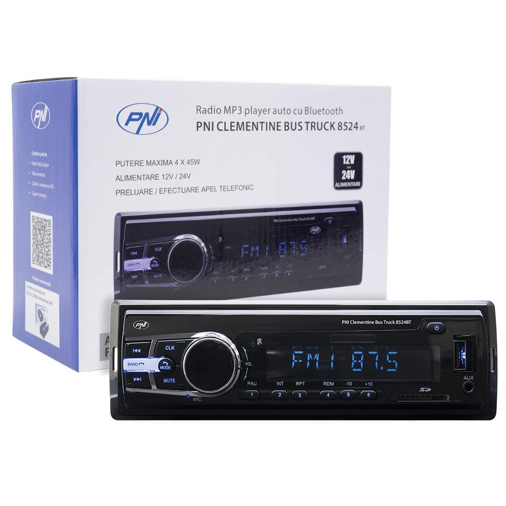 Auto radio PNI Clementine Bus kravas auto 8524BT 4x45w, RDS, 12V / 24V 1 DIN ar SD, USB, AUX, RCA un Bluetooth 24 Volt