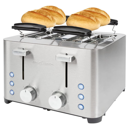 ProfiCook® tosteris | 4 šķēļu tosteris | Nerūsējošā tērauda korpuss | 1500 vati | Plašs slots | Maizes uzlikums (noņemams) | 7 regulējami brūnināšanas līmeņi | Drupatu atvilktne | Kabeļa uzvīšana | PC-TA 1252