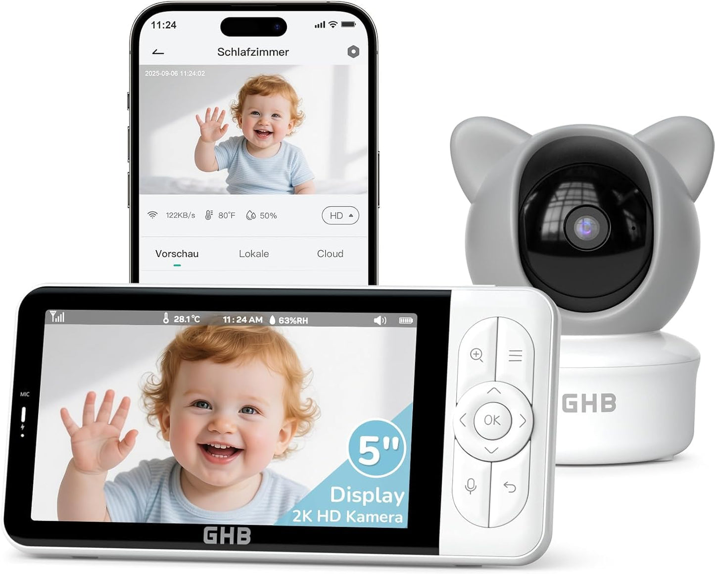 Babyphone ar kameru GHB, ar Wi‑Fi un lietotni, 5 collu IPS 2K