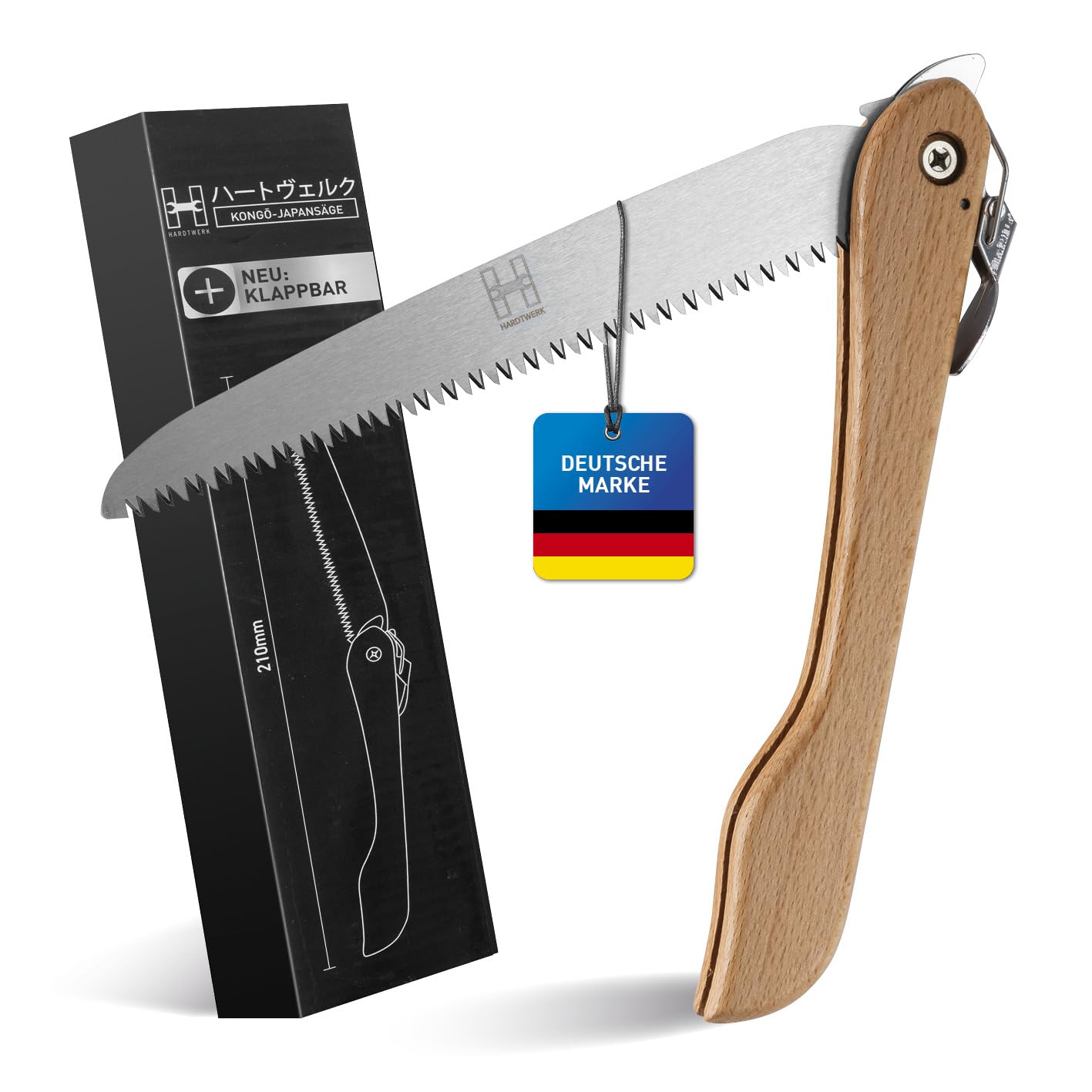 Saliekamais zāģis HARDTWERK ALPHA ar bambusa rokturi (210 mm) dārzam, āra aktivitātēm un bushcraft, ar S karabīni, rokas koka zāģis no SK5 oglekļa tērauda, universāls saliekamais rokas zāģis, dārza rokas zāģis ar drošības slēdzeni