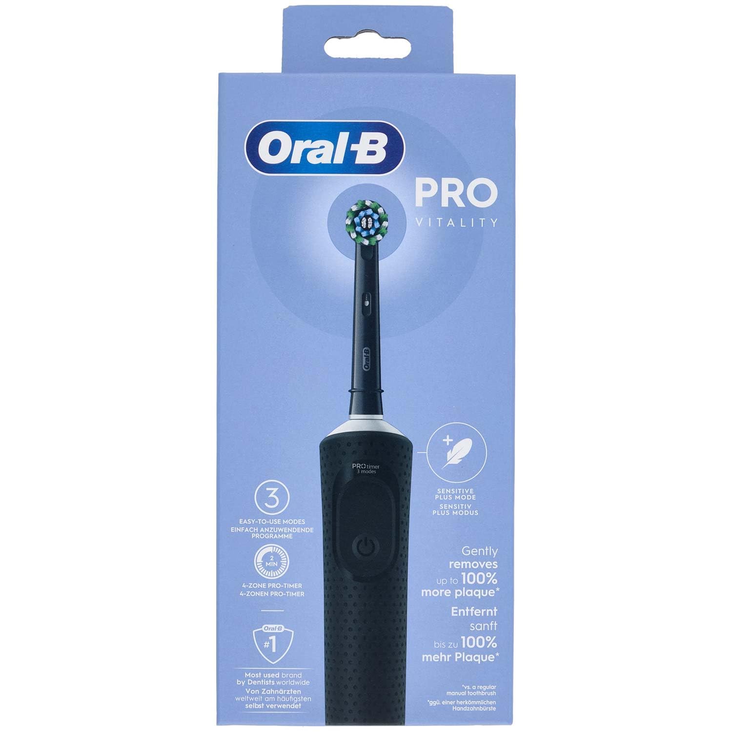 Oral-B Vitality Pro Elektriskā zobu birste — Elektriskā zobu birste, Iekļauta 1 uzgaļa birste — 3 tīrīšanas režīmi zobu kopšanai, Elektriskā zobu birste, Izstrādājusi Braun, Melna