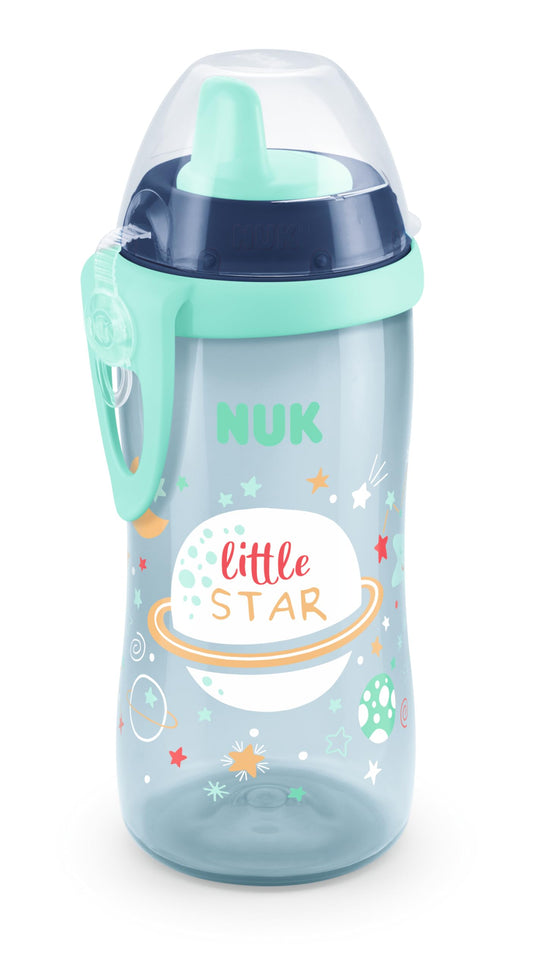 NUK Kiddy Cup Night dzeršanas krūzīte mazuļiem, 12+ mēn., 300 ml, necaurlaidīgs pastiprināts uzgalis, spīd tumsā, klipsis un aizsargvāciņš, zila