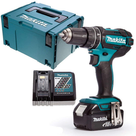 Makita DHP482Z LXT 18V - kombinētais urbis ar 5,0 Ah akumulatoru, lādētāju un ieliktni, jaudīgs un efektīvs.