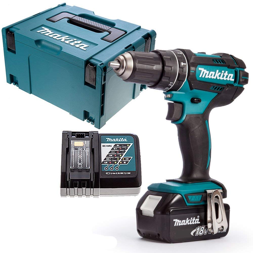 Makita DHP482Z LXT 18V - kombinētais urbis ar 5,0 Ah akumulatoru, lādētāju un ieliktni, jaudīgs un efektīvs.
