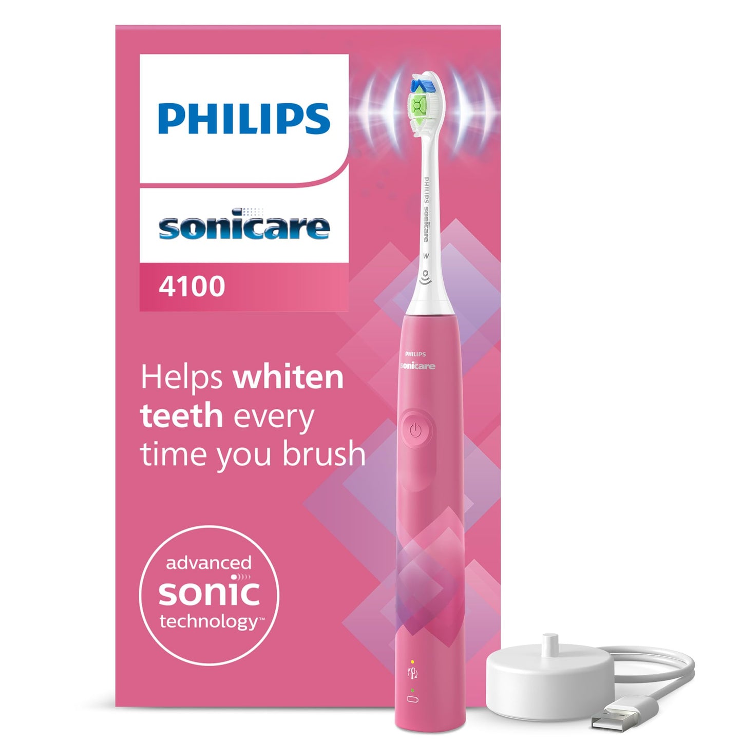 Philips Sonicare 4100 elektriskā zobu birste ar skaņas tehnoloģiju un diviem režīmiem, spiediena kontrole un SmarTimer, Paradise Pink Prismatic, modelis HX3689/41