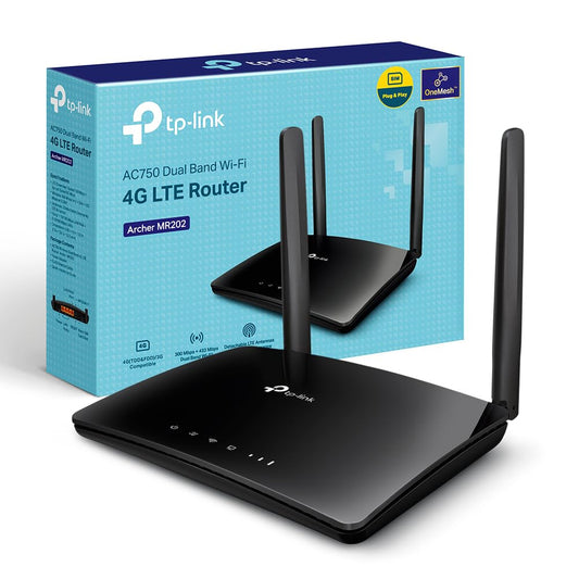 TP-Link Archer MR202 LTE maršrutētājs, 4G maršrutētājs SIM karte, WLAN divjoslu AC750, 4G Cat4 līdz 150 Mbit/s, 4 porti, pieslēdz un lieto, MU-MIMO, TP-Link One Mesh