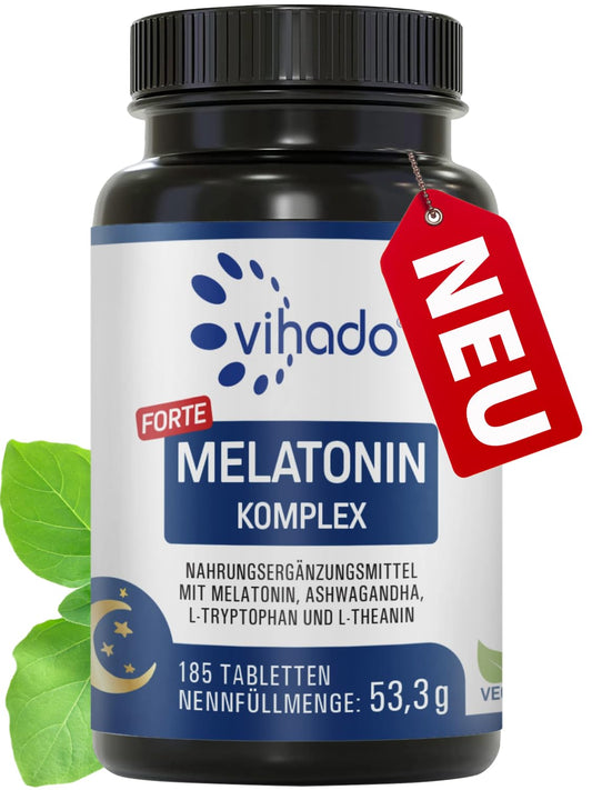 Melatonīna tabletes Vihado ar paaugstinātu devu – 370 naktīm FORTE komplekss – vegānisks, tīrs sastāvs bez piedevām – ar L-teanīnu, L-triptofānu un ašvandu – 185 tabletes