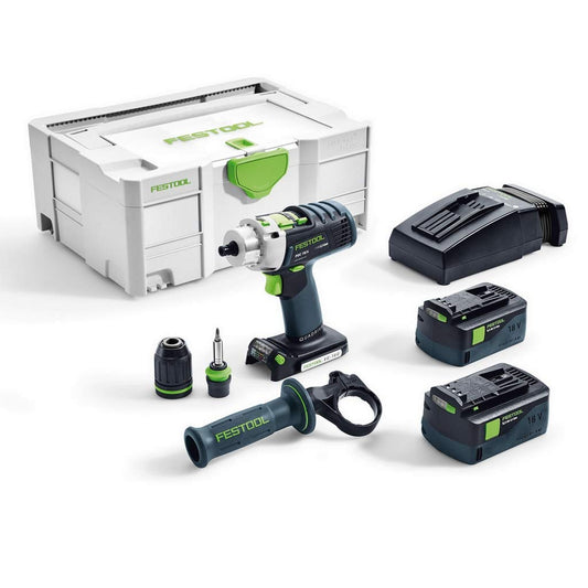 Festool PDC 18/4 Li-Plus - 2x 5.2Ah batteries, charger, Systainer case, powerful cordless drill for versatile applications.