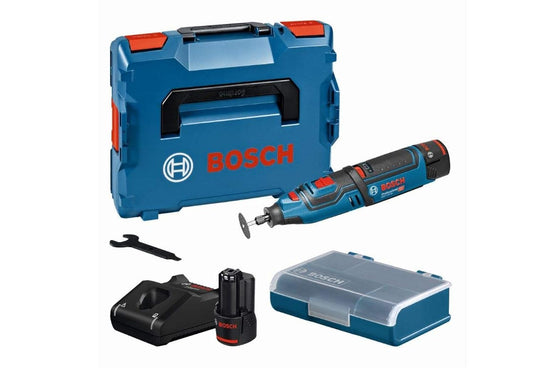 Bosch Professional 12V GRO 12V-35 - Rotating tool with 5,000-35,000 RPM, includes 2x 2.0Ah batteries and fast charger.