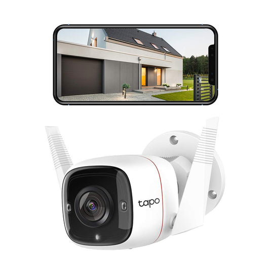 TP-Link Tapo C310 uzraudzības kamera ārā, WLAN IP kamera, 3MP augsta izšķirtspēja, 30m nakts redzamība, kustības noteikšana, IP66 ūdensizturīga, trauksmes ziņojums, divvirzienu audio, atbalsta Alexa un Google Assistant.