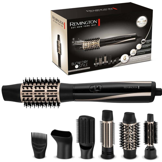 Remington Silta gaisa suka [iekļauj 6 uzgaļus: 25, 38, 50 mm apaļā suka, stila uzgalis, plakana suka, matu piepūšanas uzgalis] Žāvēšana un stils (cirtas, apjoms un gludi stili visām matu garumiem) jonu kopšana, 1200W, AS7700