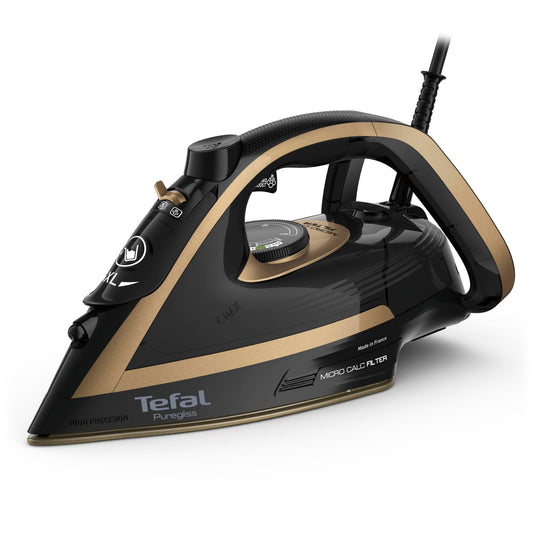 Tefal Puregliss FV8064 - 3000W, 280g/min steam boost, vertical steam, self-cleaning Durilium soleplate, black/gold.