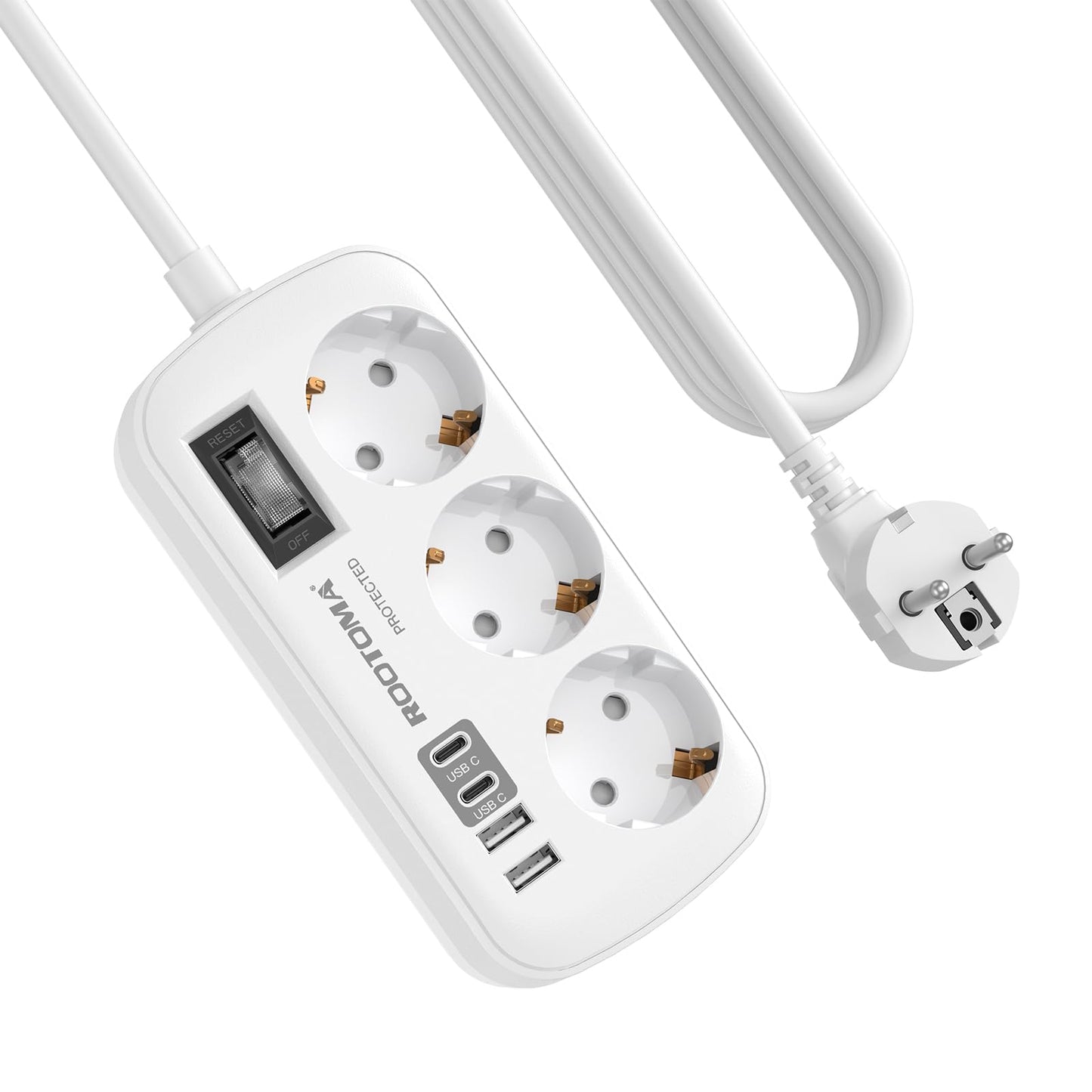 3 kontaktu pagarinātājs ar pārsprieguma aizsardzību, daudzrozete ar 4 USB (2 USB-C)