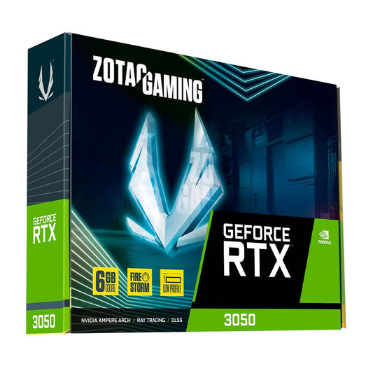Zotac Gaming GeForce RTX 3050 - 6 GB GDDR6, ray tracing, AI-enhanced graphics, compact design for gaming.