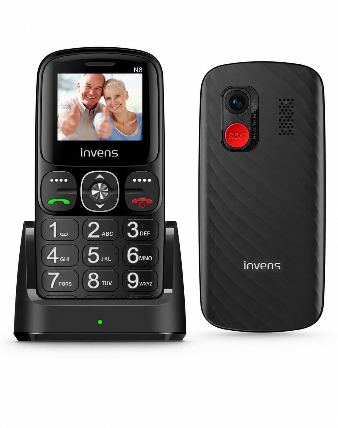 Senioru mobilais tālrunis bez līguma invens N8 ar lielām pogām, SOS pogu un uzlādes staciju