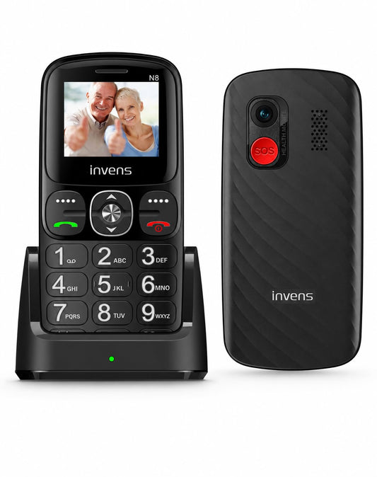 Senioru mobilais tālrunis bez līguma invens N8 ar lielām pogām, SOS pogu un uzlādes staciju