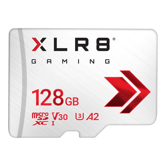 PNY XLR8 Gaming 128 GB klase 10 U3 V30 A2 microSDXC zibatmiņas karte, lasīšanas ātrums līdz 100 MB/s, ideāli piemērota viedtālruņiem, planšetdatoriem, portatīvajām konsolēm, balta