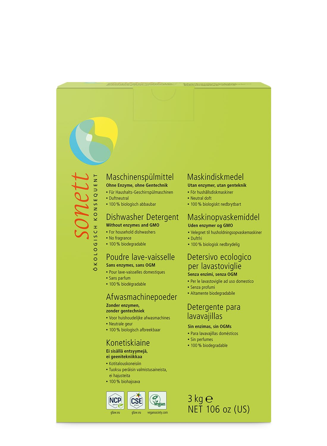 Trauku mazgājamais līdzeklis mašīnai, Sonett, 3 kg, pulveris koncentrāts, bez smaržas, 100 % bioloģiski noārdāms
