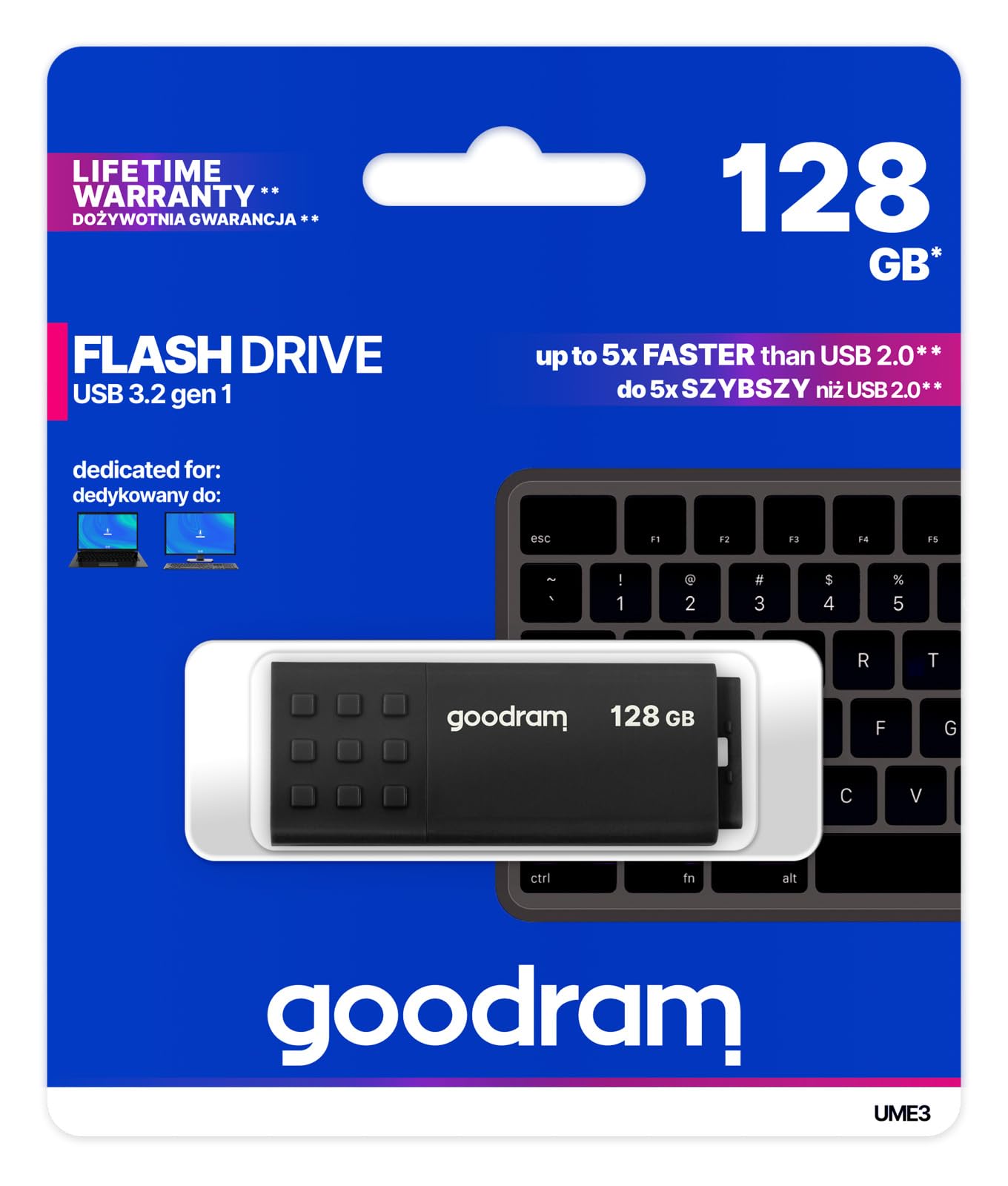 goodram USB atmiņas sticks ar 128GB UME3 - USB 3.0 datu uzglabāšanas pen drive - lasīšanas ātrums līdz 60 MB/s - ar pret slīdēšanas atmiņas stick - USB Flash disks melns 10,3 x 12,3 x 1,2 cm