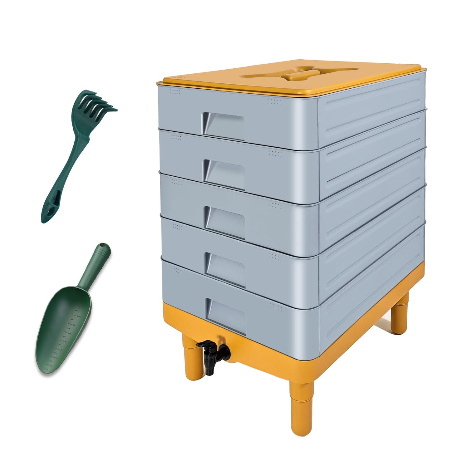 Vermikomposteris TOP XIAN, 5 līmeņi, 100 L, izmantošanai telpās un ārā – sākuma komplekts no plastmasas ar krānu šķidrā mēslojuma noliešanai, pelēks