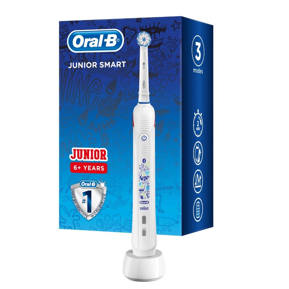 Oral-B Junior Smart elektriskā zobu birste bērniem no 6 gadu vecuma, 3 tīrīšanas režīmi un Bluetooth lietotne zobu kopšanai, izstrādājusi Braun, balta
