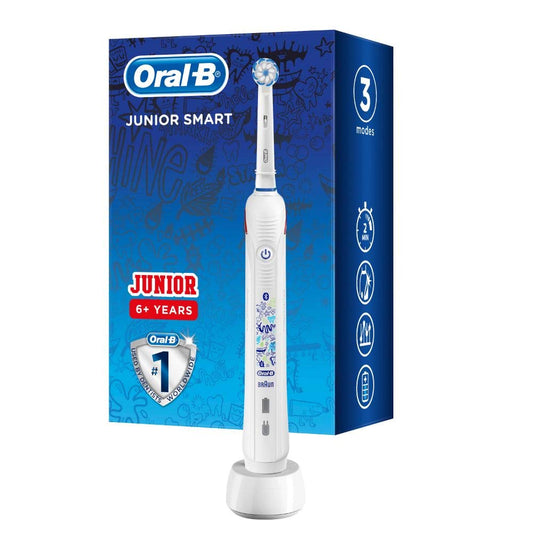 Oral-B Junior Smart elektriskā zobu birste bērniem no 6 gadu vecuma, 3 tīrīšanas režīmi un Bluetooth lietotne zobu kopšanai, izstrādājusi Braun, balta