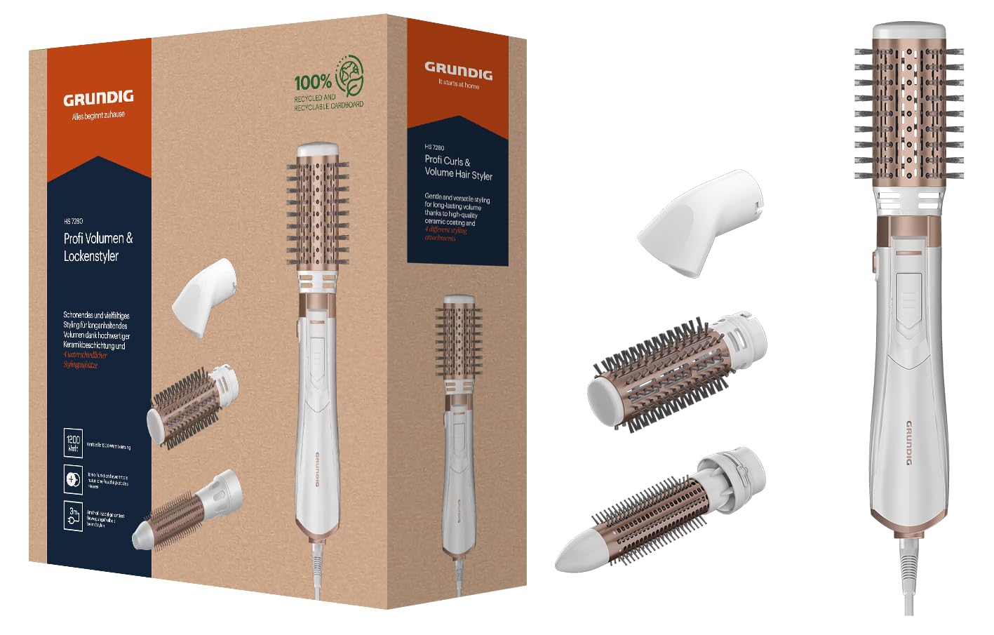 GRUNDIG HS 7280 apjoma un cirtas veidotājs, 1200W, jonu funkcija, 4 stila uzgaļi, augstas kvalitātes keramikas pārklājums, 2 temperatūras un gaisa plūsmas līmeņi, aukstā līmeņa, visiem matu garumiem, zelta/balts