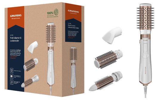 GRUNDIG HS 7280 apjoma un cirtas veidotājs, 1200W, jonu funkcija, 4 stila uzgaļi, augstas kvalitātes keramikas pārklājums, 2 temperatūras un gaisa plūsmas līmeņi, aukstā līmeņa, visiem matu garumiem, zelta/balts
