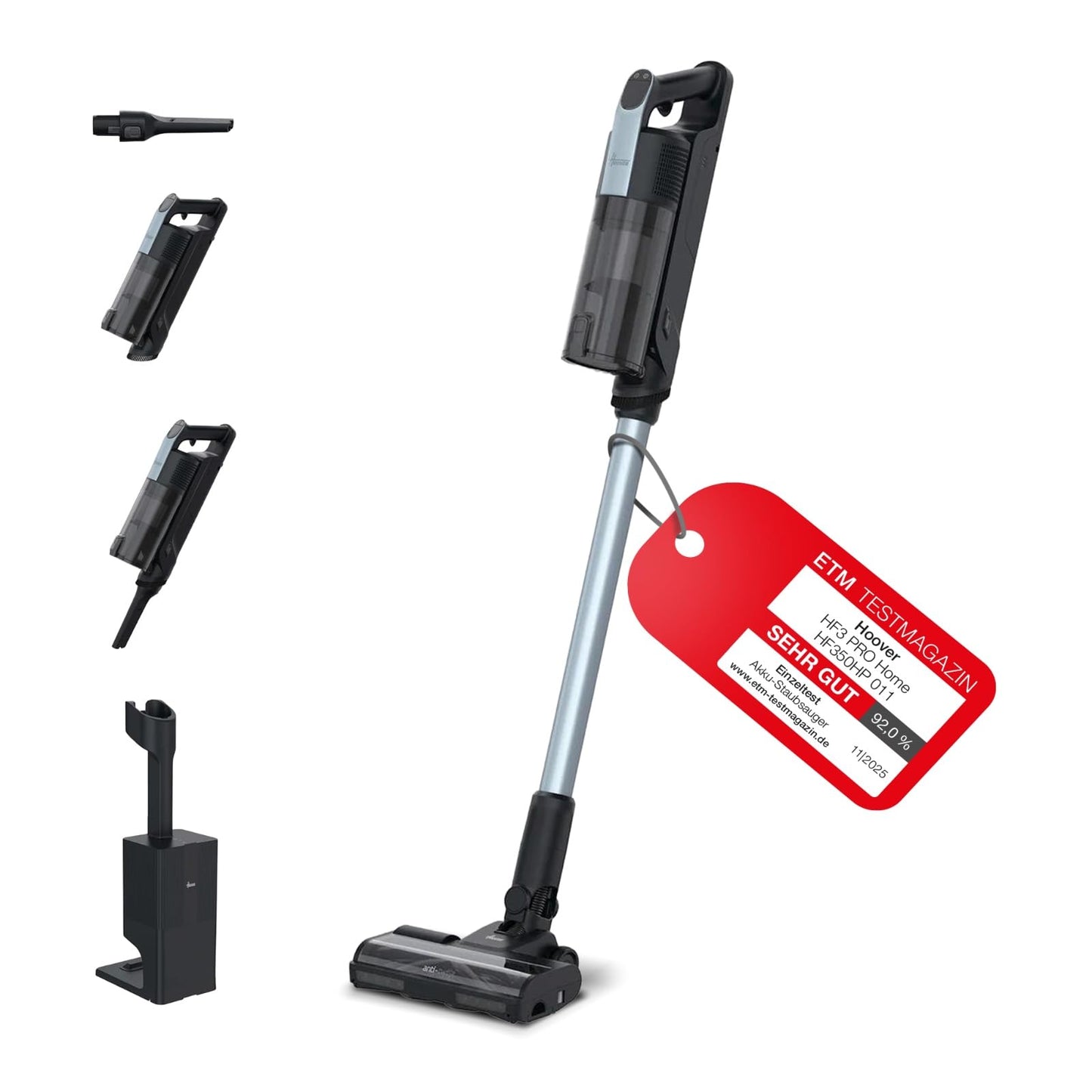 Bezvadu putekļu sūcējs Hoover HF3 Pro Home, ar 3L automātisku putekļu iztukšošanas un uzlādes staciju, līdz 60 min. darbības laiks, HEPA13 filtrs, Anti-Twist, dubultā malu tīrīšana, stāvēšanas funkcija [HF350HP]