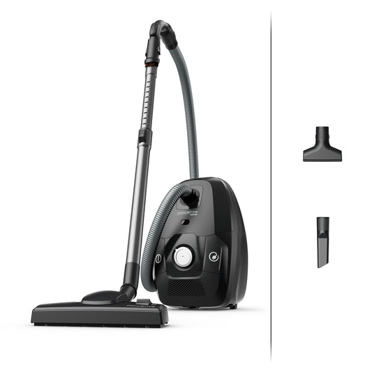 Rowenta Green Force Max Silence Vacuum - 900W, 4.5L bag, 99.98% HEPA filtration, 12m range, compact design, accessories included.