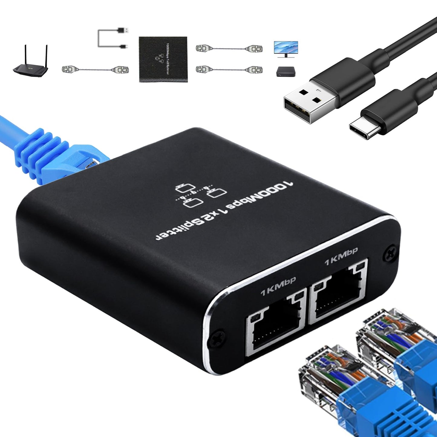 GNUADZ LAN sadalītājs 1 uz 2, 1000 Mbps gigabitu Ethernet sadalītājs, 2 porti