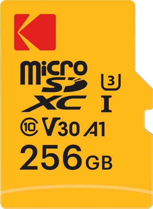 Kodak Ultra microSD atmiņas karte 256 GB, UHS-I U3 V30 A1, lasīšanas ātrums līdz 95 MB/s un rakstīšanas ātrums līdz 85 MB/s, iekļauts SD adapteris