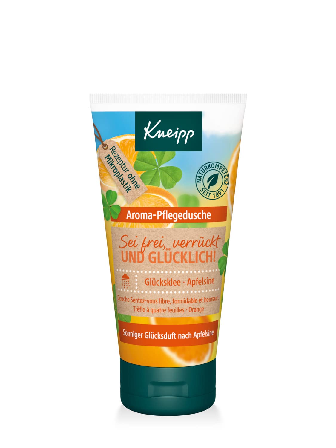 Dušas želeja Kneipp Aroma-Pflegedusche Sei frei, verrückt und glücklich! ceļojuma izmērs, atsvaidzinoša dušas želeja ar saulainu apelsīna aromātu, bez mikroplastmasas, 50ml