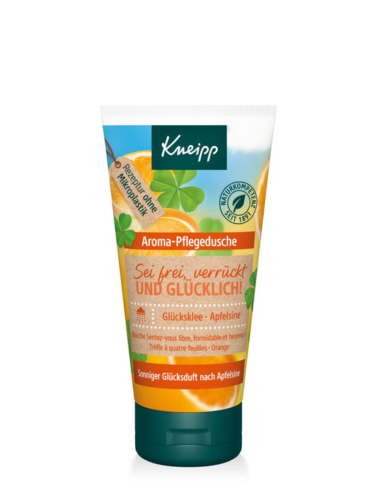Dušas želeja Kneipp Aroma-Pflegedusche Sei frei, verrückt und glücklich! ceļojuma izmērs, atsvaidzinoša dušas želeja ar saulainu apelsīna aromātu, bez mikroplastmasas, 50ml
