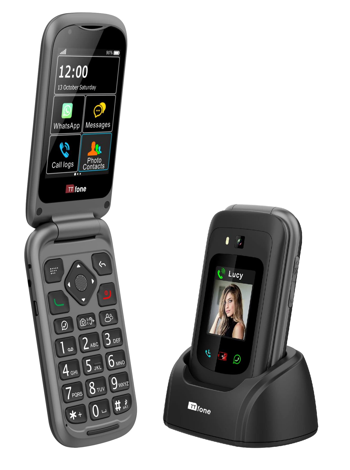 Senioru mobilais tālrunis TTfone TT970 WhatsApp 4G skārienekrāna salokāms telefons ar 8MP kameru, dzirdes aparātiem saderīgs un avārijas palīdzības pogu