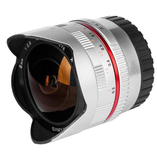 Samyang 8/2,8 Fisheye II APS-C Sony E manuāla fokusa fotogrāfijas objektīvs, super plaša leņķa objektīvs sudraba krāsā