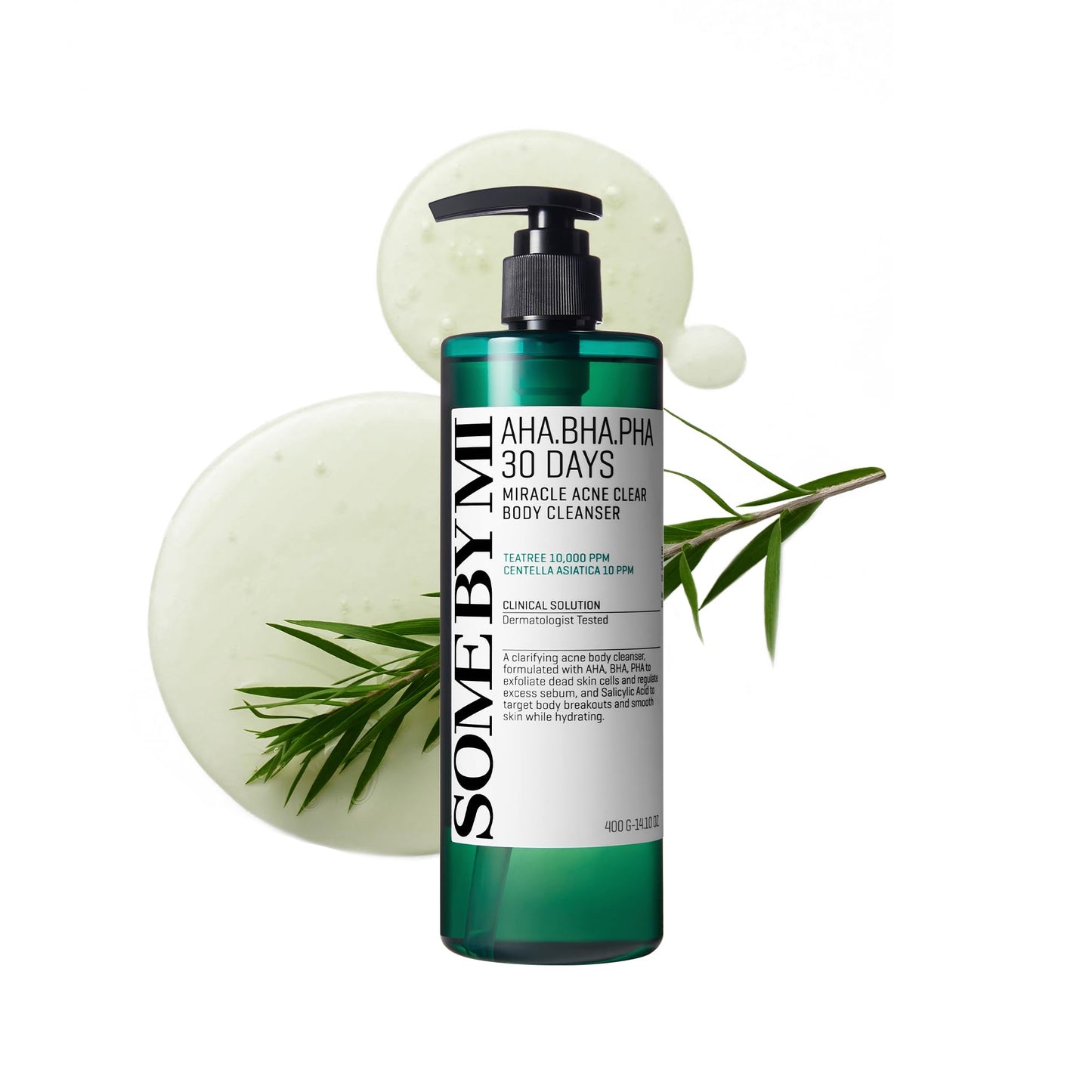 Dušas želeja ķermenim SOME BY MI AHA BHA PHA 30 Days Miracle Acne Clear Body Cleanser, 400ml, pīlinga ar tējas koku un salicilskābi, poru attīrīšanai un netīrumu noņemšanai, korejiešu ādas kopšana