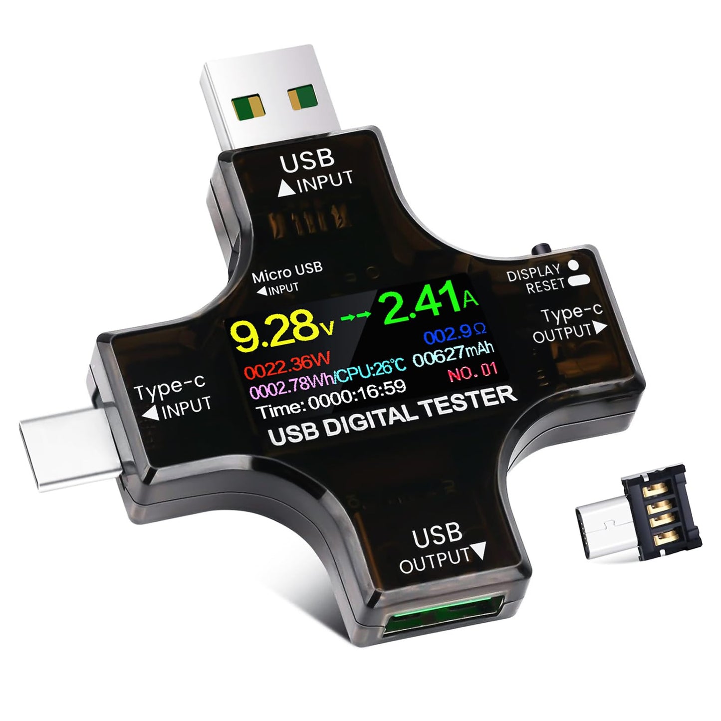 USB testers YEREADW 2-in-1 Typ C strāvas mērītājs LCD multimetrs, digitāls sprieguma, strāvas un jaudas mērītājs